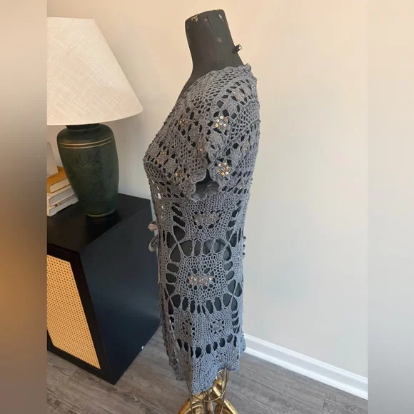 Boston Proper Blue/Gray Sequin Crochet Longline Cardigan (S) Fairy Grunge FLAWS - Picture 5 of 17